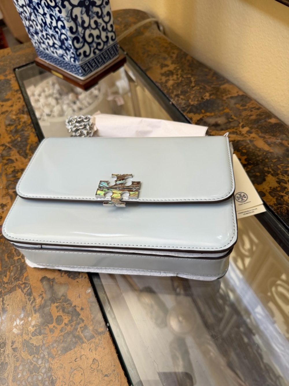 Tory Burch Britten Small Light Blue Glossy Patent Shoulder Bag - Picture 3 of 10
